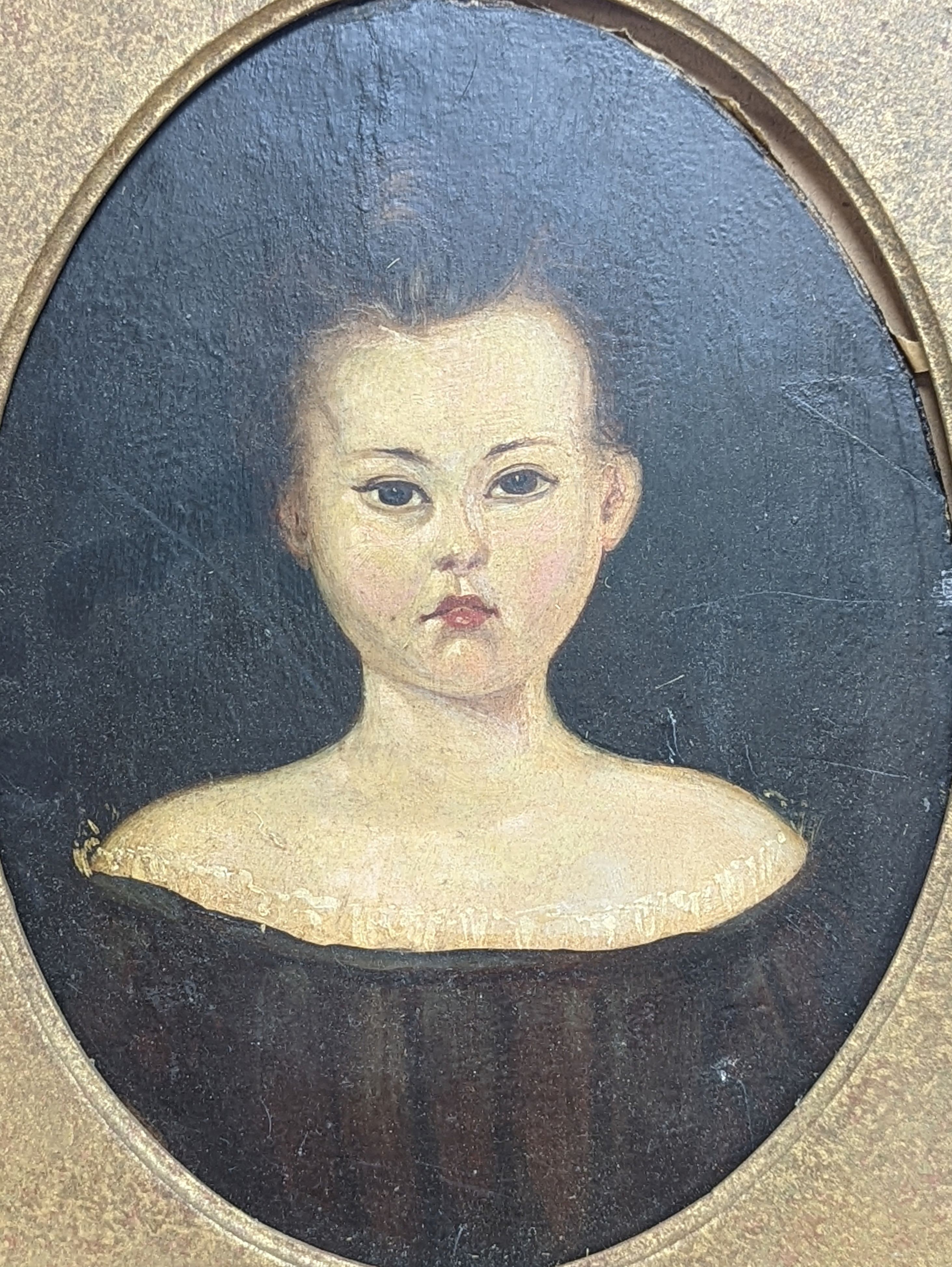 19th century English school, oil on board, Primitive portrait of a girl, 30 x 22cm